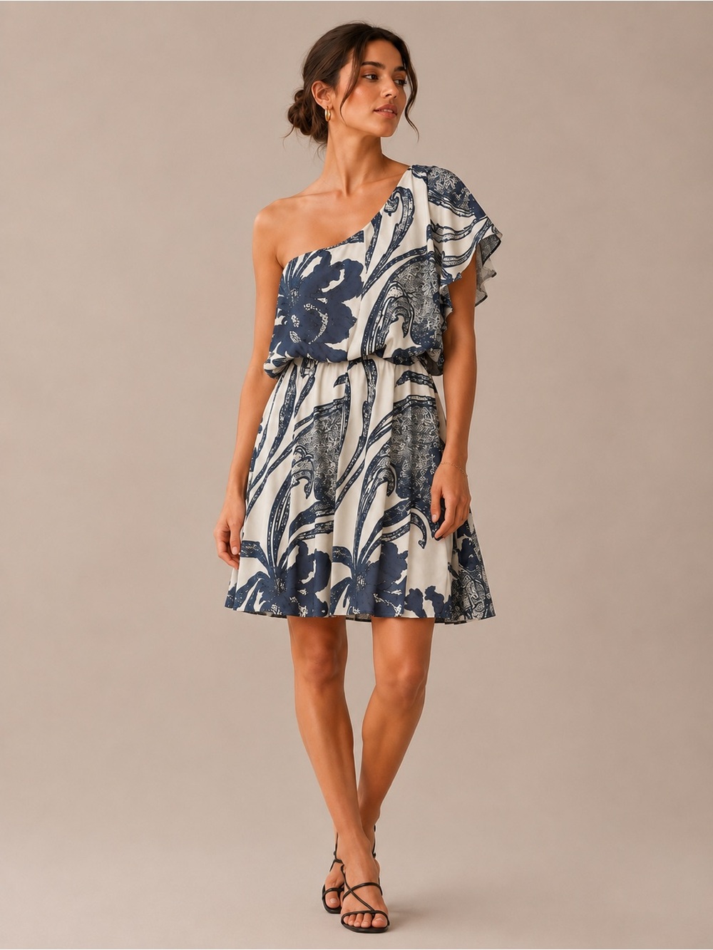 Jessica Simpson One-Shoulder Blue and Cream Floral Dress